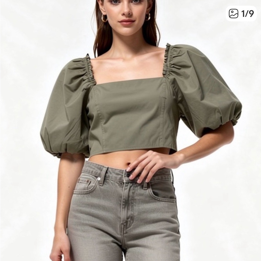 Jason Wu Square Neckline Short Sleeve Crop Top in olive/army green